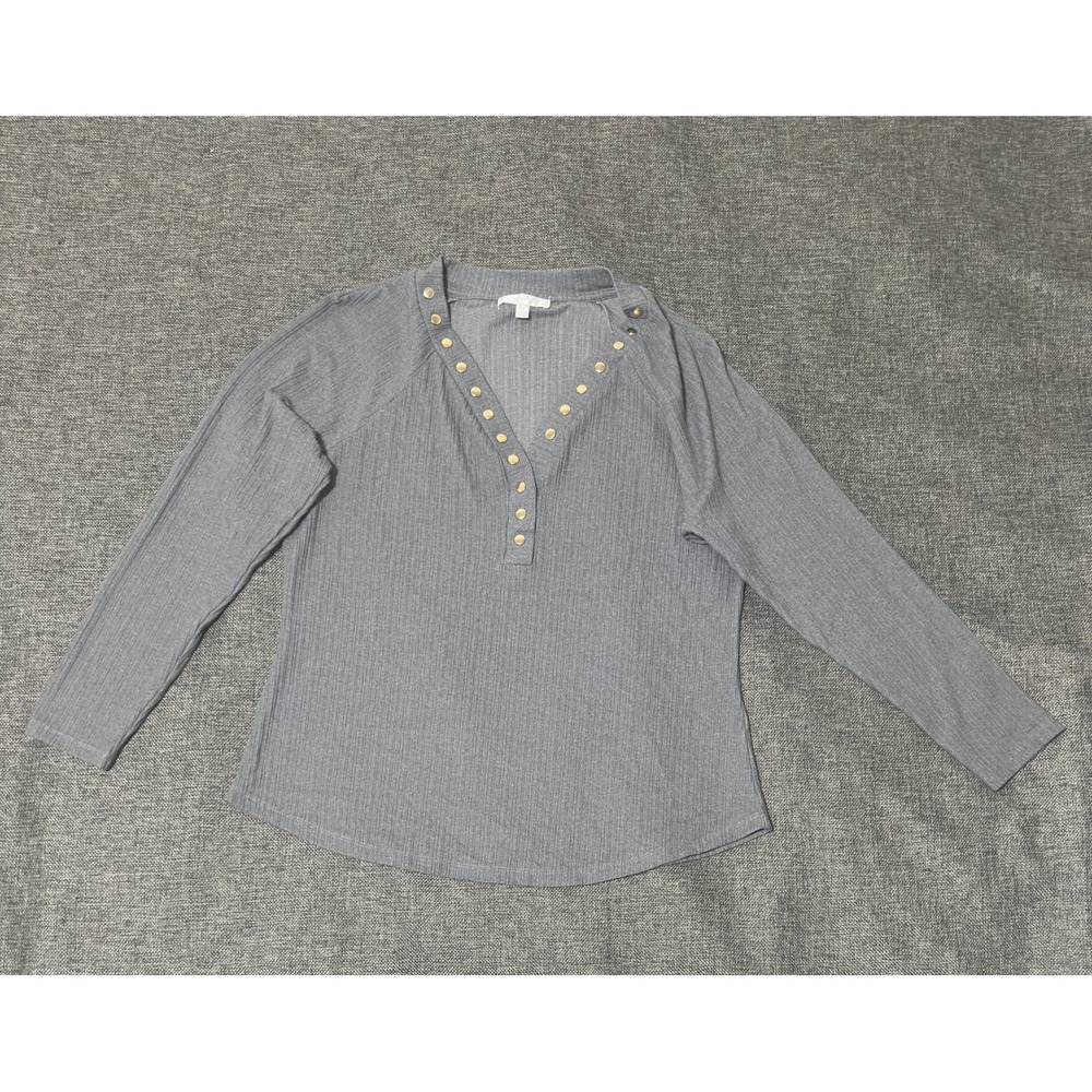 Design History Women Large Top Gray Ribbed Henley Long Sleeve Studded V-Neck